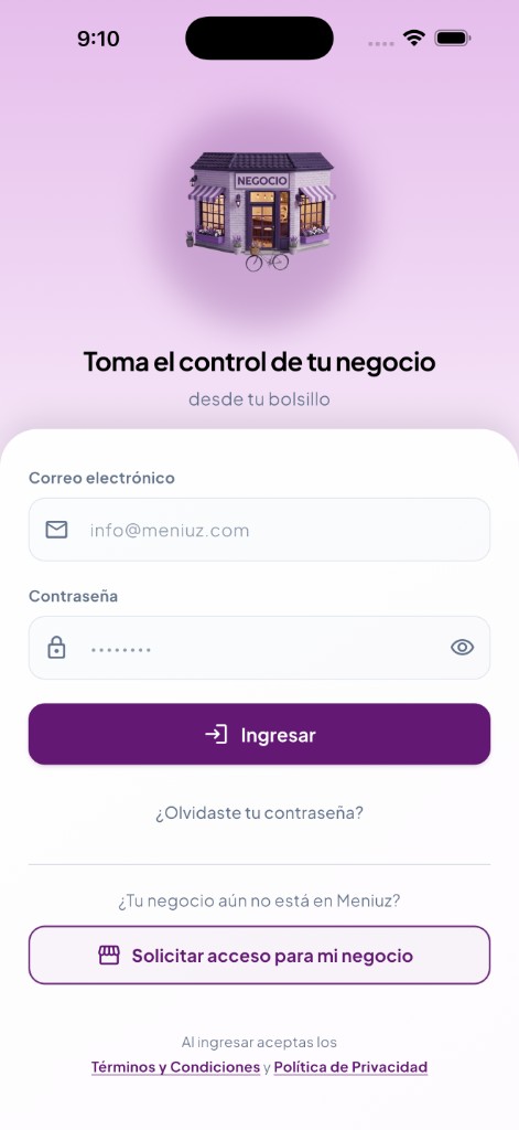 Inicio de sesión con correo en Meniuz Business