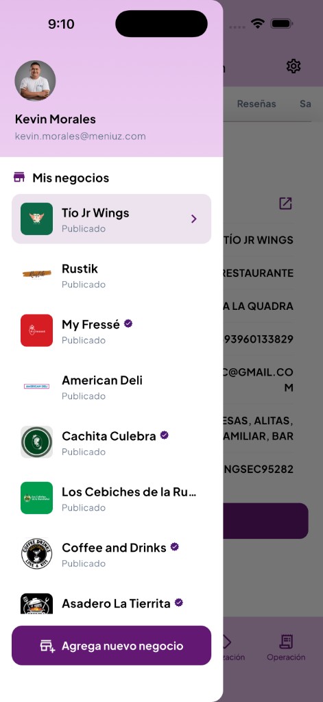 Panel de mis negocios en Meniuz Business